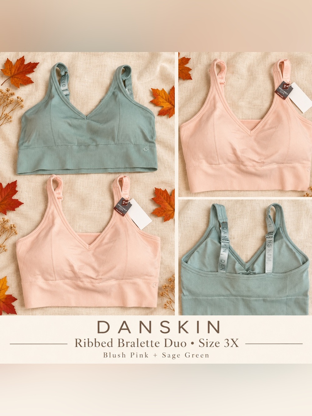 Danskin Ribbed Bralette Pair — Blush Pink & Sage Green
